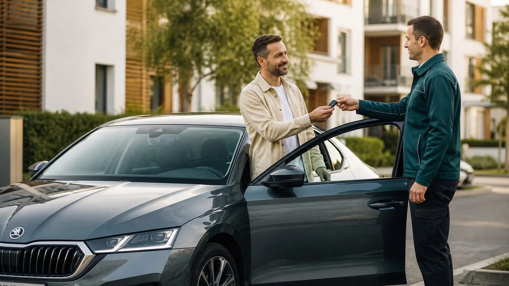 Я передаю владельцу ключи у открытой двери Škoda Octavia